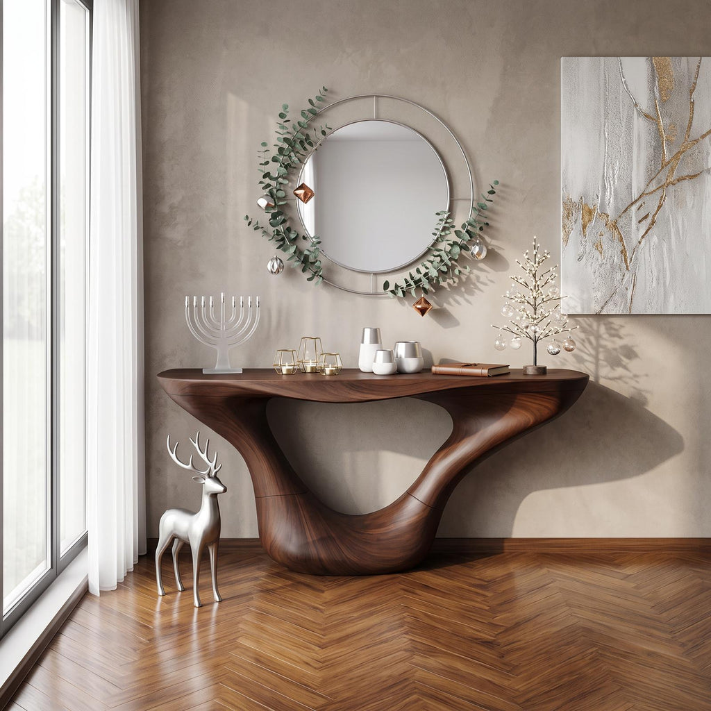 Mid-Century Solid Wood Console Table, Handcrafted Live Edge Entryway Sofa Table & Living Room Credenza