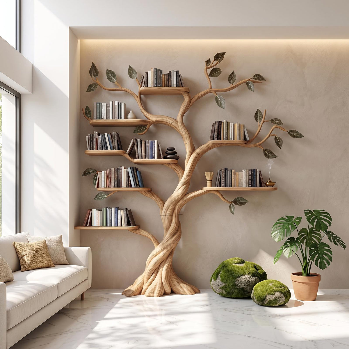 Rustic Tree Bookshelf, Solid Wood Wall Mounted Bookcase & Artistic Hanging Display Organizer for Modern Living Room