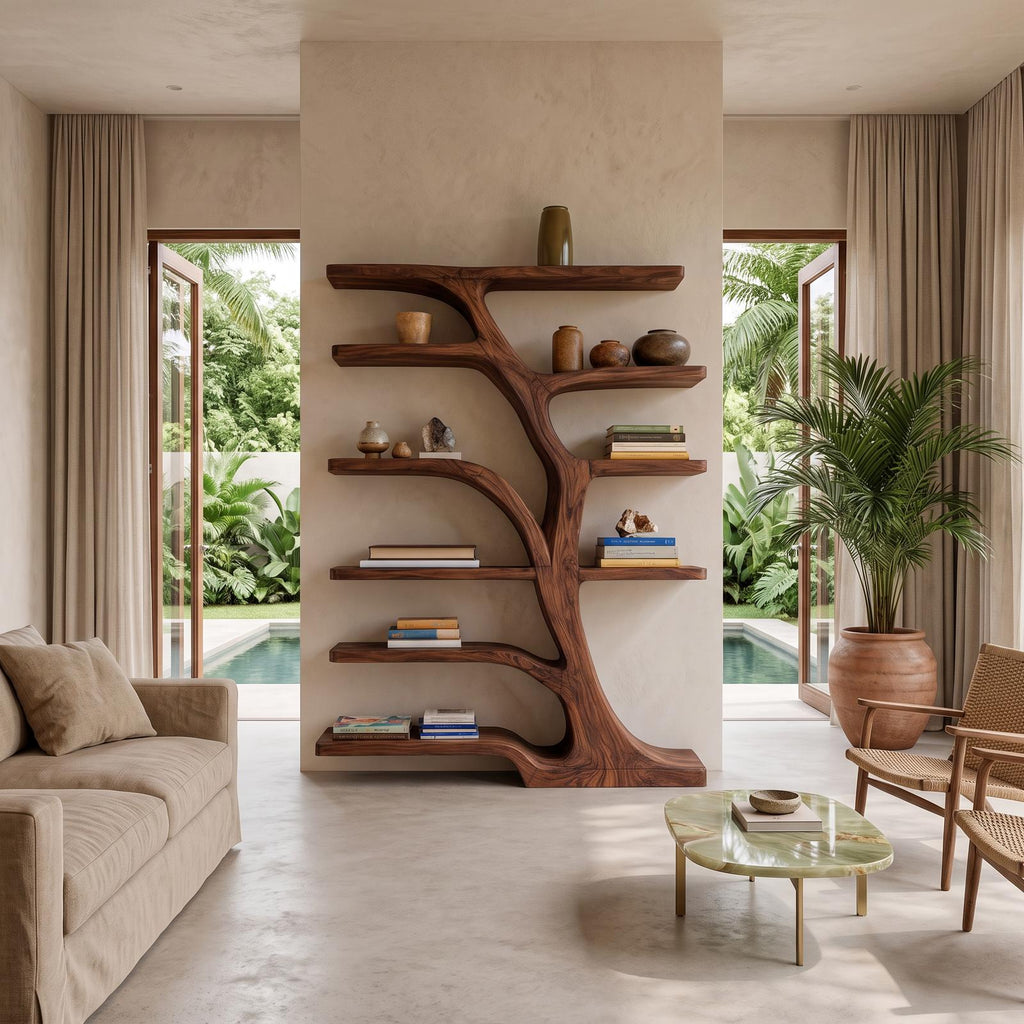 Modern Bookshelf with Flowing Curved Design, Handcrafted Solid Wood Bookcase for Elegant Living Room Display