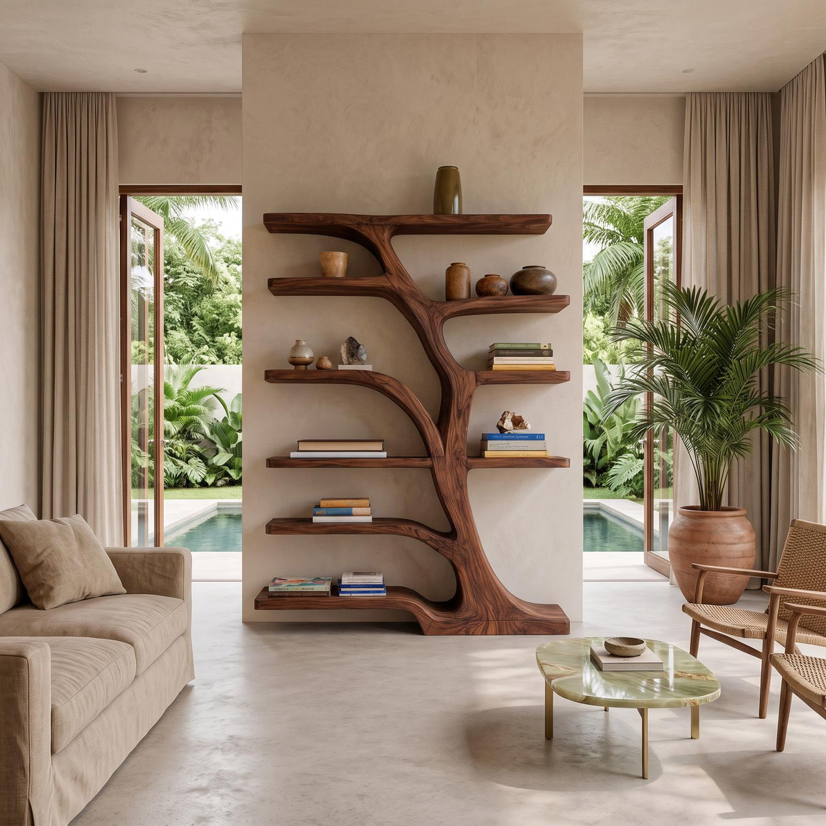 Modern Bookshelf with Flowing Curved Design, Handcrafted Solid Wood Bookcase for Elegant Living Room Display