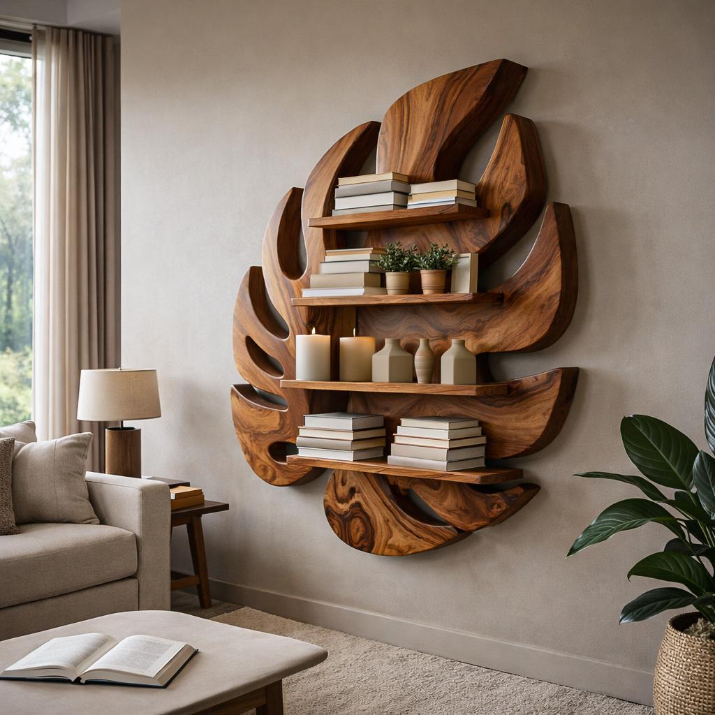Modern Wooden Leaf Floating Bookshelf, Handcrafted Wall Mounted Solid Wood Display Shelf for Living Room & Nursery