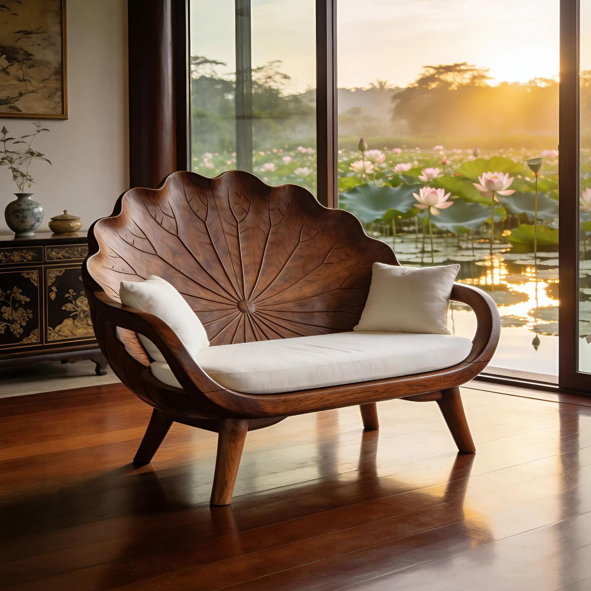 Spry Interior Contemporary Lotus Leaf Backrest Bench, Solid Wood Entryway & Veranda Lounge Bench, Indoor Accent Seating, SILDTTNBEN025