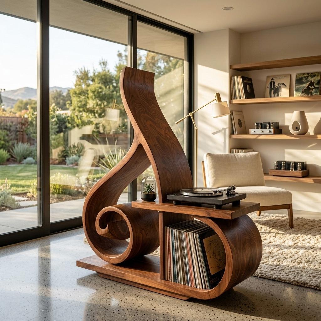 Contemporary Sculptural Wooden Record Player Stand For Living Room