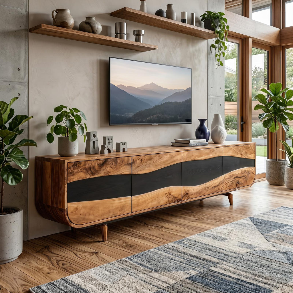 Handcrafted Wooden Live Edge TV Stand, Rustic Solid Wood Media Console & Entertainment Center