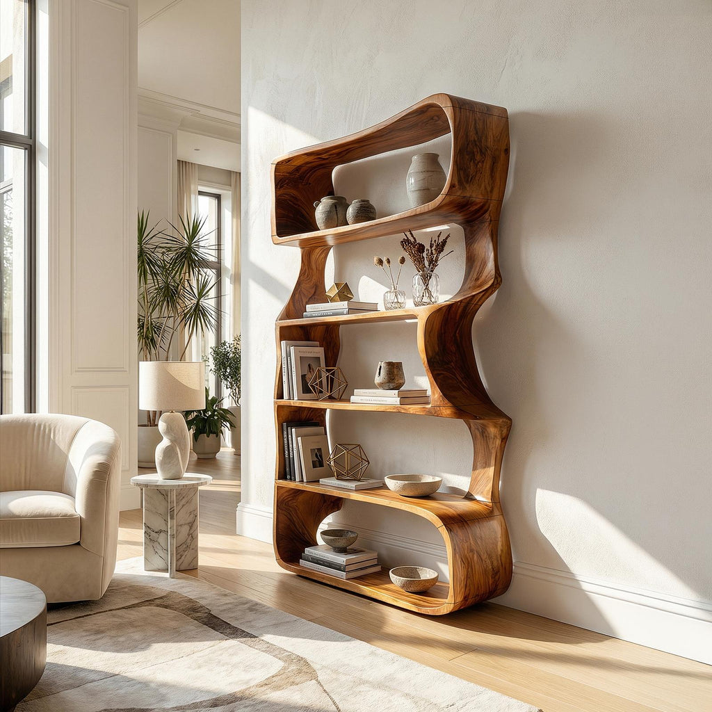 Organic Wooden Bookshelf, Handcrafted Solid Wood Display Rack & Geometric Bookcase for Living Room & Home Office