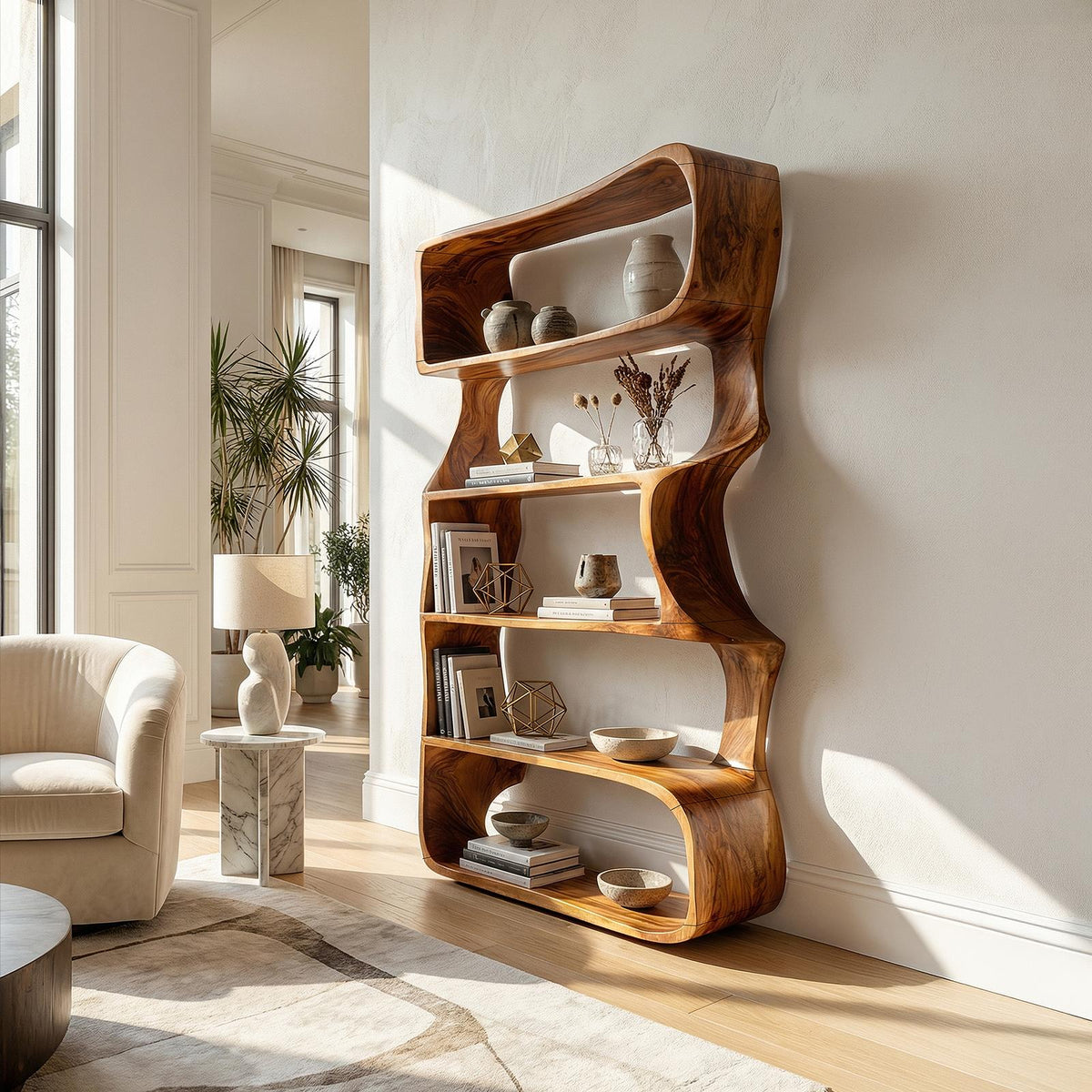 Organic Wooden Bookshelf, Handcrafted Solid Wood Display Rack & Geometric Bookcase for Living Room & Home Office