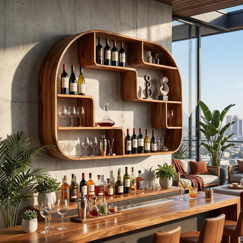 Boho Wall Mounted Wine Holder, Handcrafted Floating Wood Bottle Rack & Accent Storage Feature for Dining Space