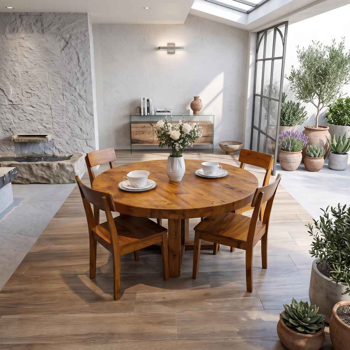 Spry Interior Rustic Round Solid Wood Dining Table, Modern Kitchen & Dining Room Wooden Dinette Table, Model SINLSADT075