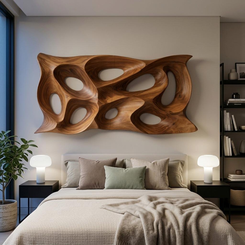 Modern Sculptural Wall Art, Abstract 3D Carved Wood Wall Sculpture Panel for Lounge & Living Room Decor