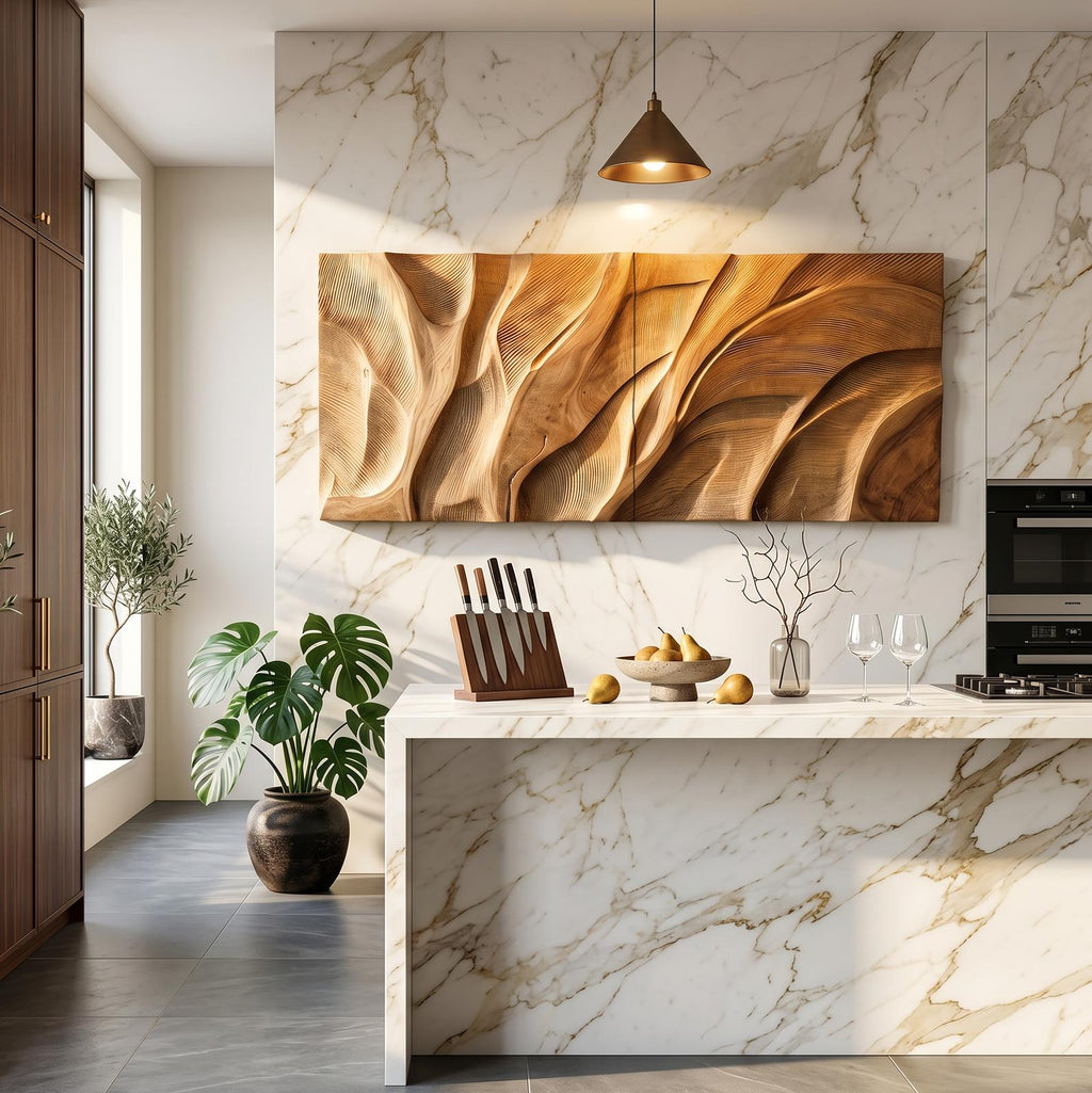 Wooden Wall Art with Textured Design, Rustic Carved Wood Accent Panel Decor for Kitchen