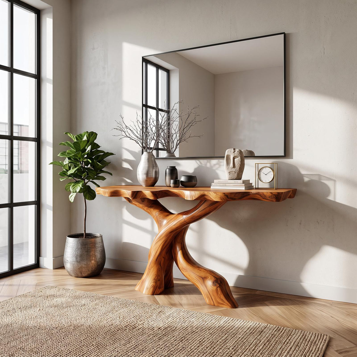 Mid Century Modern Console Table, Carved Solid Wood X-Base, Handcrafted Entryway & Foyer Accent Table