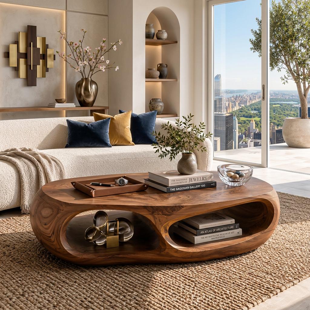 Handcrafted Wooden Coffee Table with Flow Legs, Unique Modern Organic Center Table for Living Room, Model