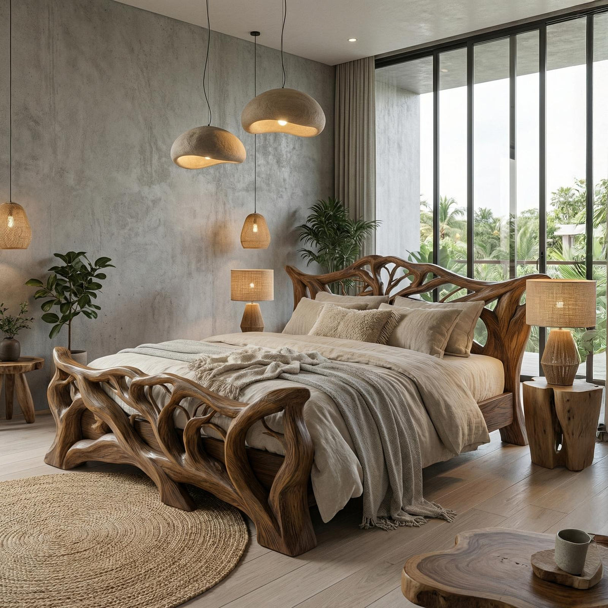 Minimal Organic Bed Frame Solid Wood Smooth Flowing Design Bedroom SINLHAWB114