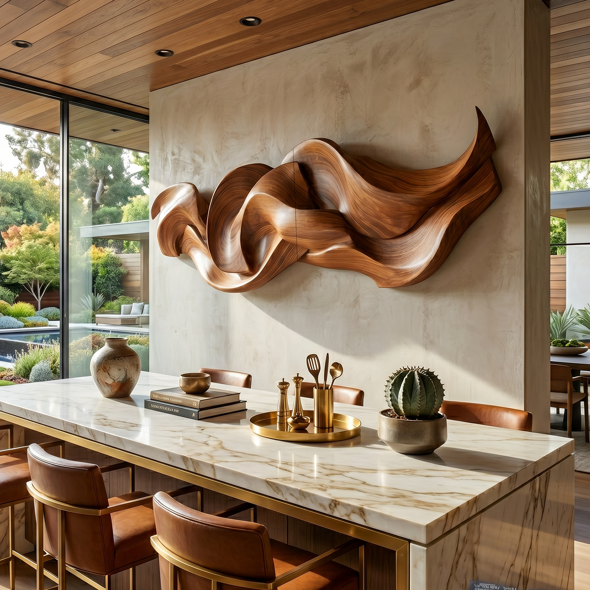 Contemporary Organic Ribbon Wood Wall Art, Handcrafted 3D Flowing Wave Sculpture Panel for Dining Room