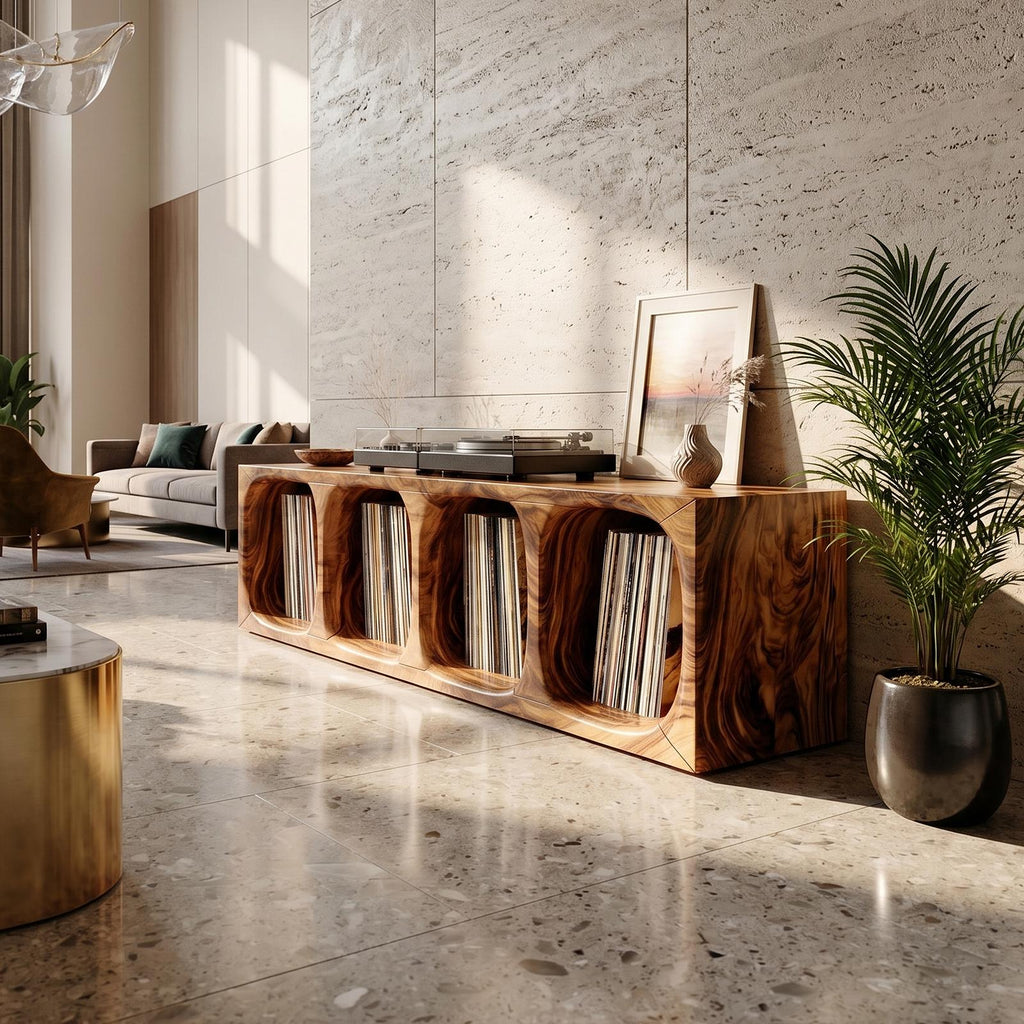 Contemporary Arch Wood Vinyl Storage Cabinet, Handcrafted Modern Record Player Stand for Audiophile, Model