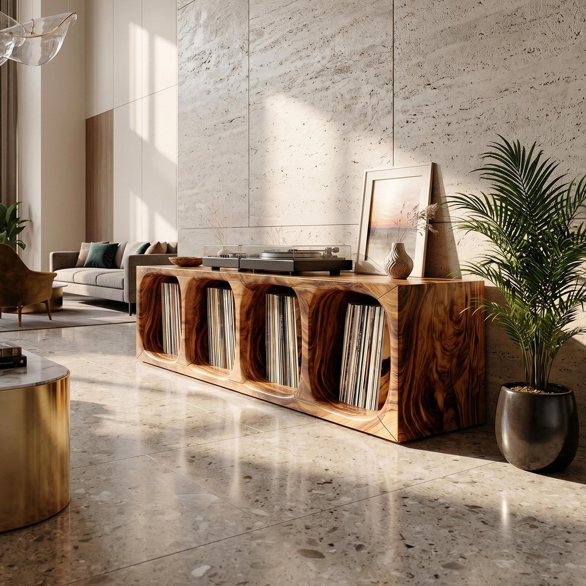 Contemporary Arch Wood Vinyl Storage Cabinet, Handcrafted Modern Record Player Stand for Audiophile, Model