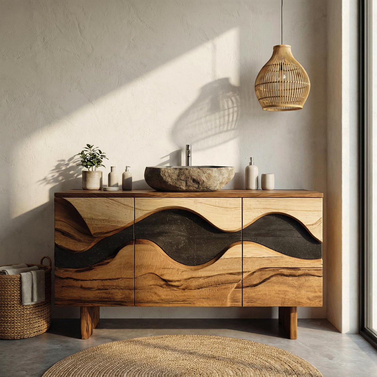 Sculptural Wave Bathroom Vanity Solid Wood Curved Front Cabinet Design Bathroom And Vanity Space SINLHABCT017