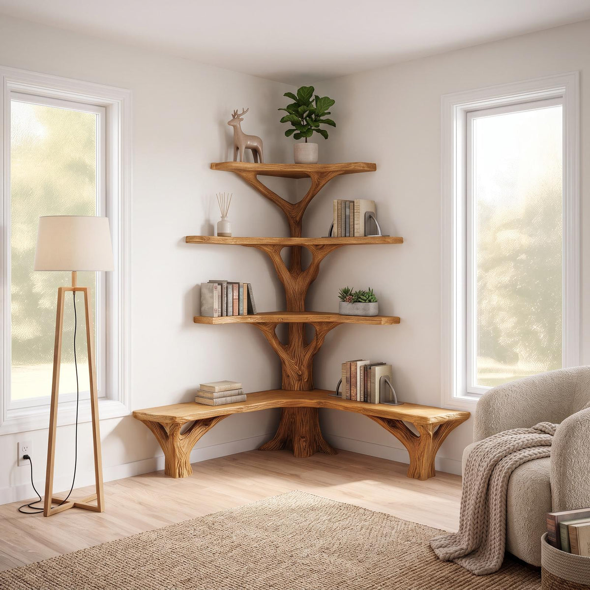 Rustic Tree Bookshelf Corner Living Room SINLSATB230