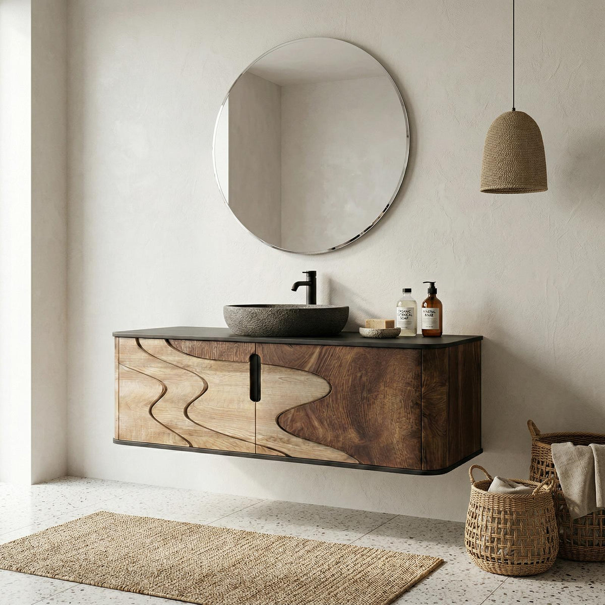 Organic Flow Bathroom Vanity Solid Wood Curved Front Storage Bathroom SINLHABCT018