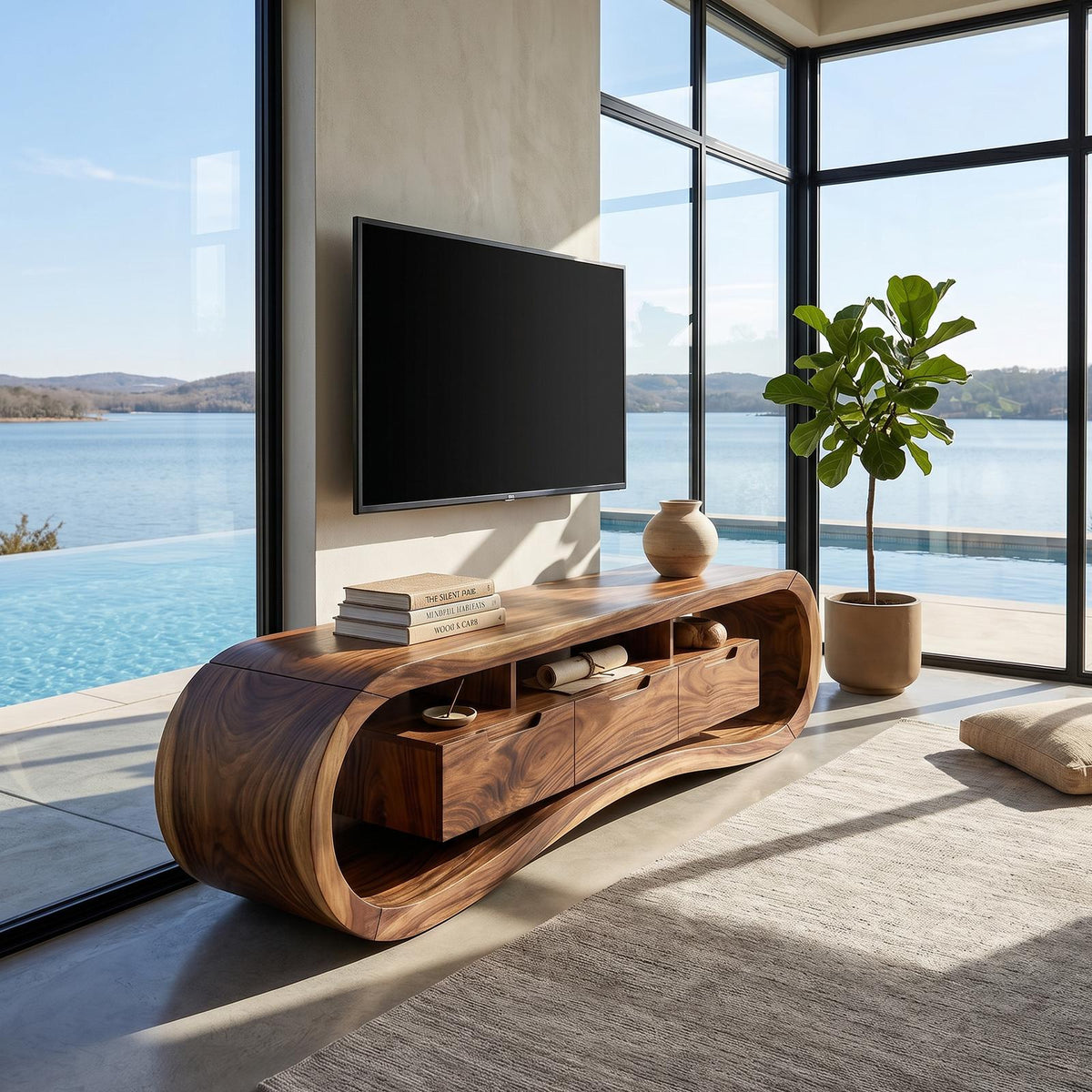 Modern Sculptural TV Stand Console, Handcrafted Solid Wood Media Center Cabinet for Minimalist Luxury Living Room