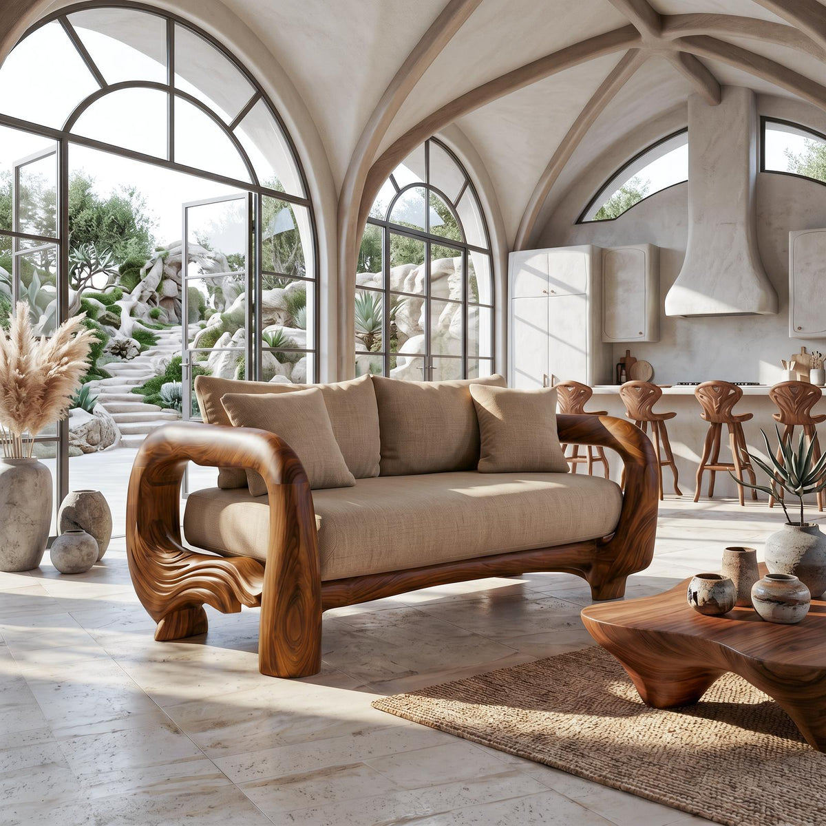 Contemporary Lounge Sofa Frame With Sculptural Wooden Base For Living Room