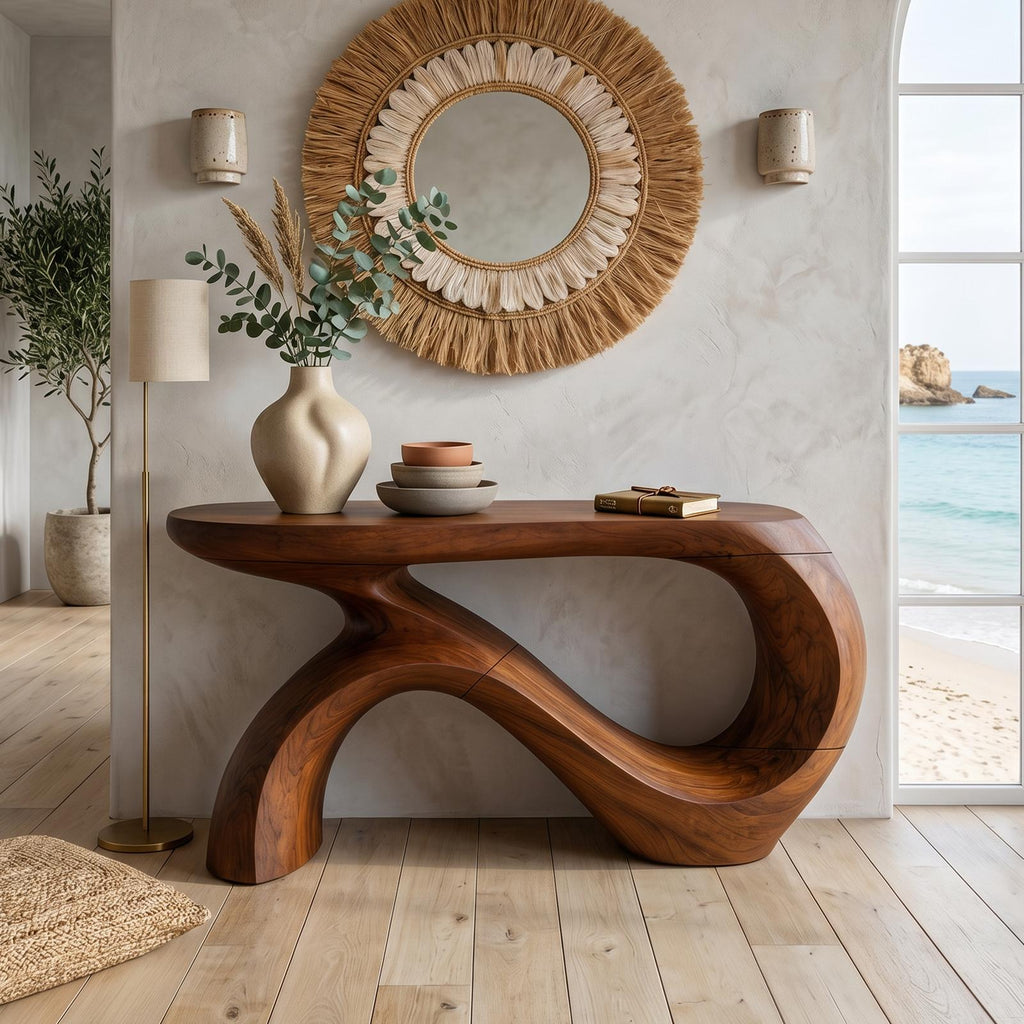Modern Curved Console Table, Solid Wood Entryway Accent Sofa Table for Living Room