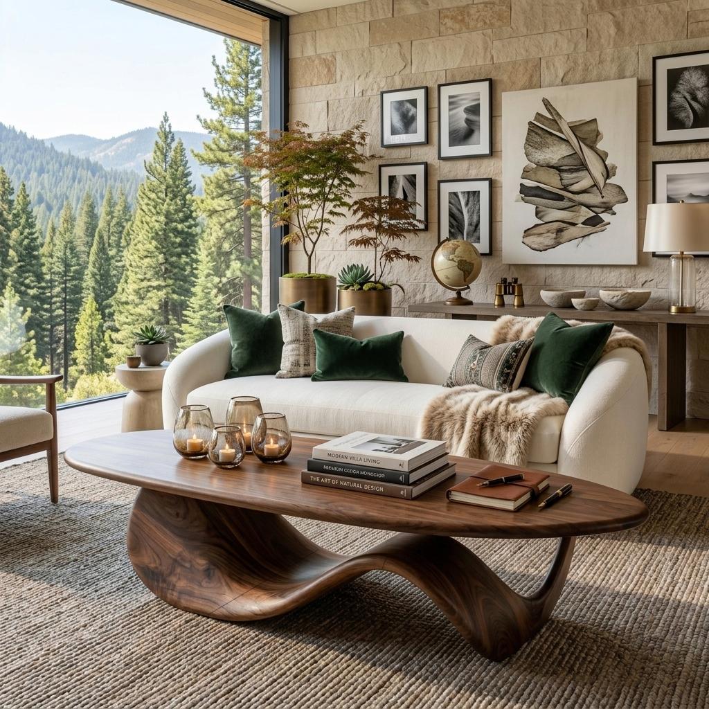 Modern Wooden Coffee Table with Sculptural Wave Design, Unique Organic Center Table for Living Room, Model