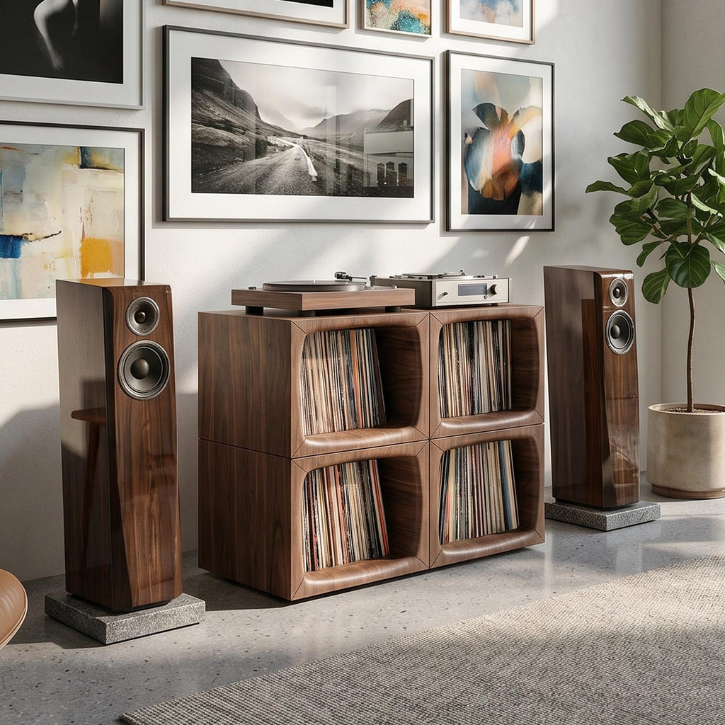 Modern Wooden Cube Record Storage Cabinet, Handcrafted Vinyl LP Storage Organizer with Turntable Stand, Model