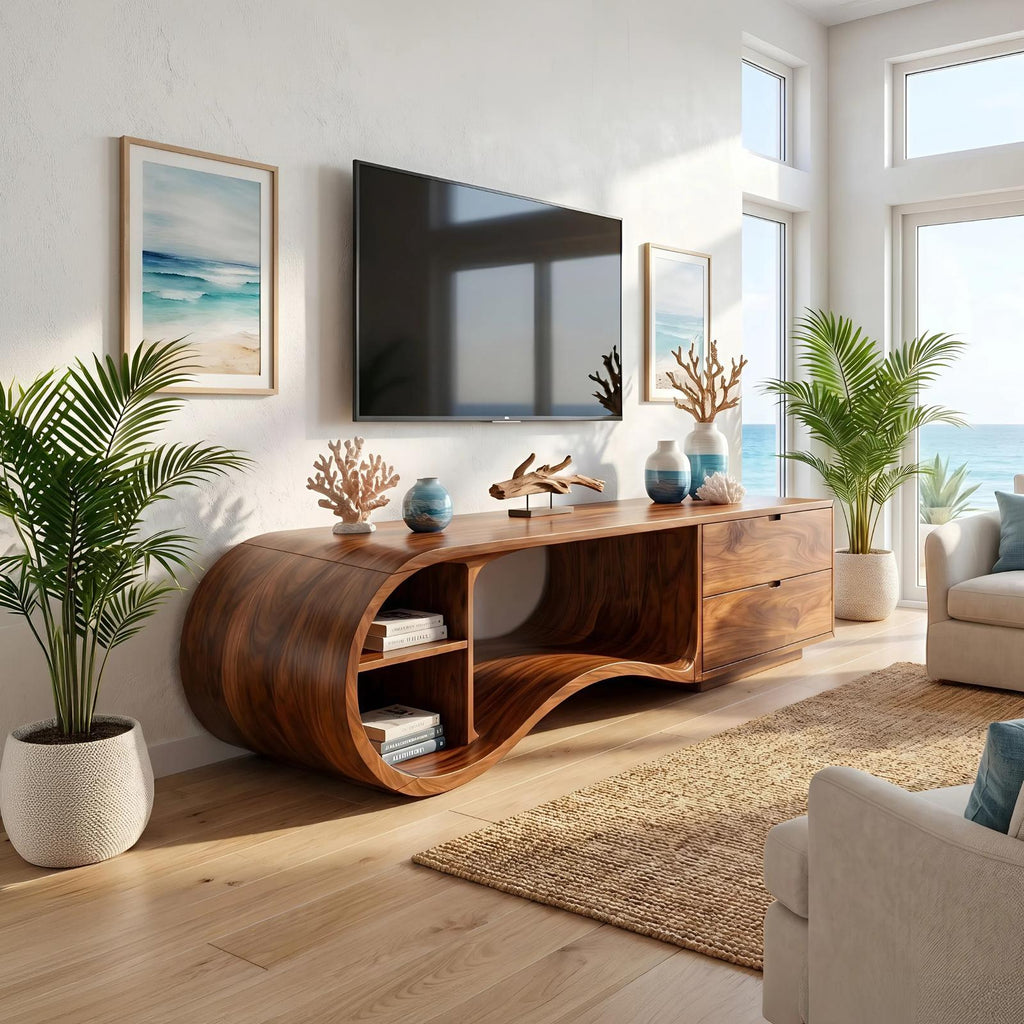 Contemporary Organic TV Cabinet, Handcrafted Wavy Edge Solid Wood Media Sideboard Console & Entertainment Board Stand