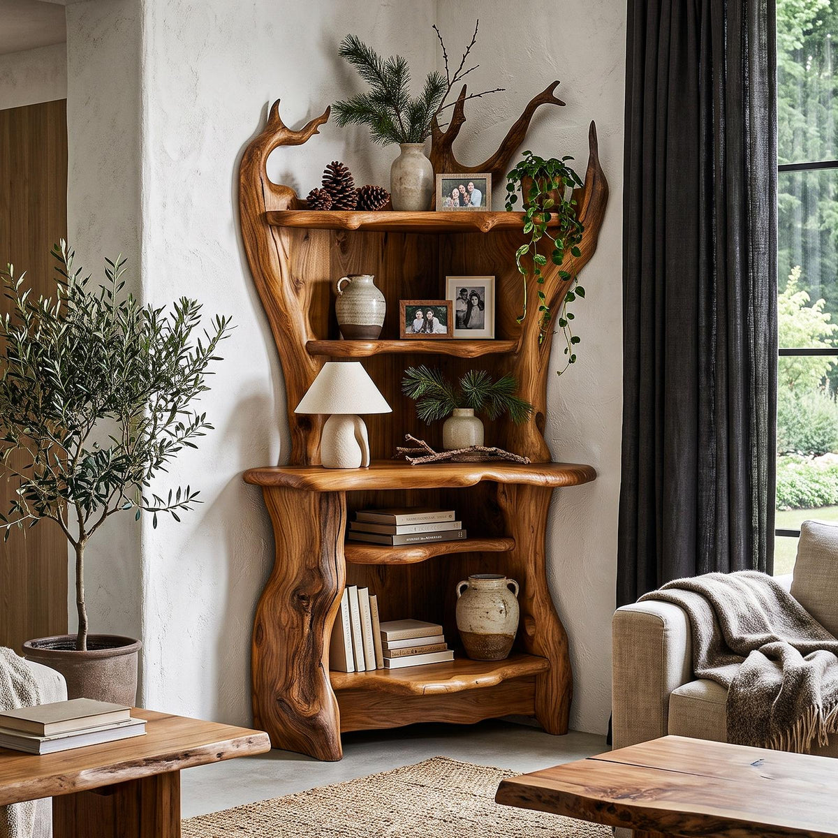 Rustic Corner Bookcase With Live Edge Shelves For Reading Nook