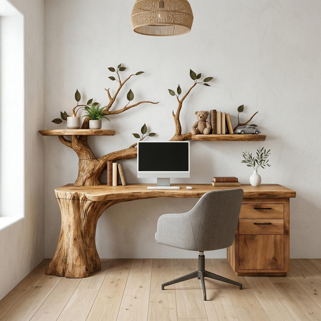 Sculptural Tree Desk With Floating Shelf Natural Branch Design Home Office And Workspace
