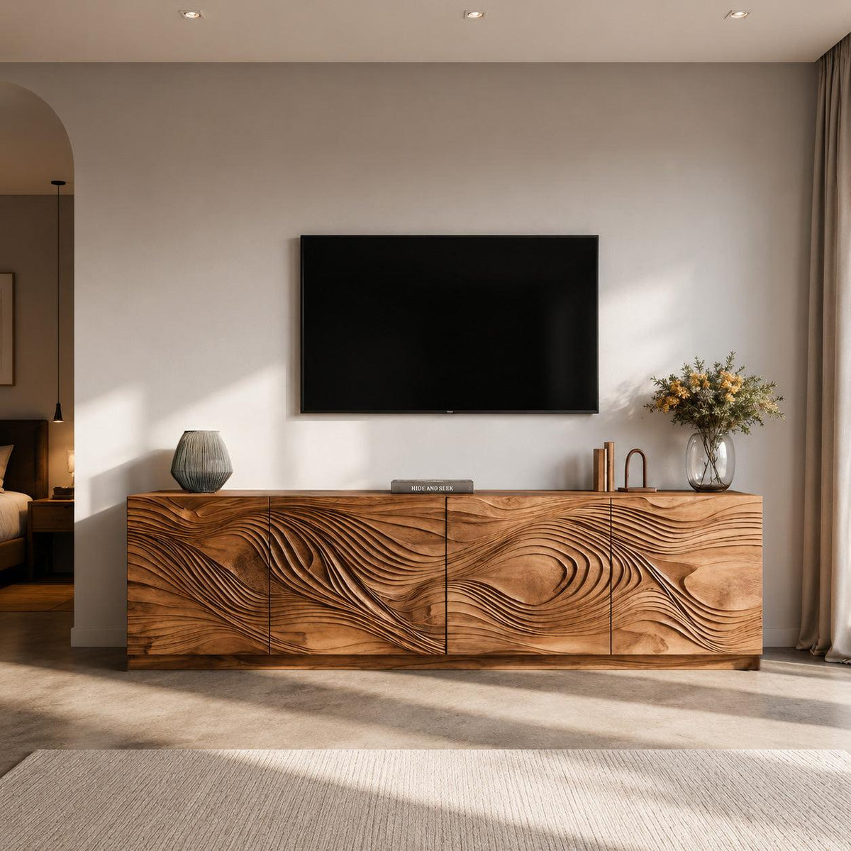 Artistic TV Console With Wave Pattern For Elegant Living Room