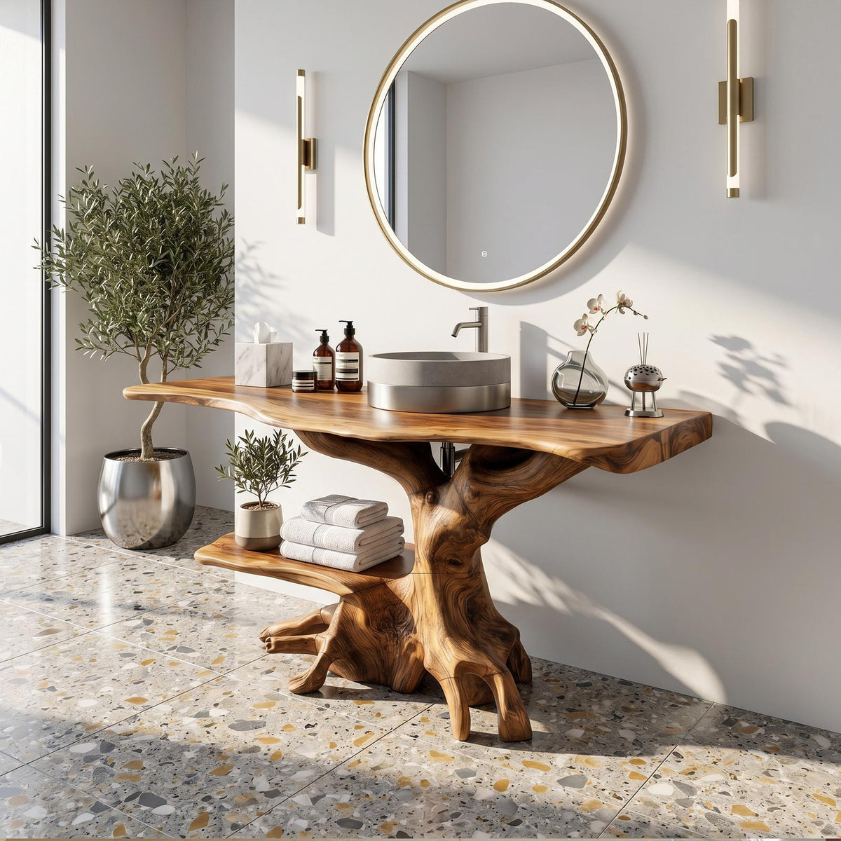 Spry Interior Farmhouse Live Edge Bathroom Vanity, Rustic Handcrafted Solid Wood Single Sink Vanity Cabinet with Storage Shelf, SILDTTRBRV122