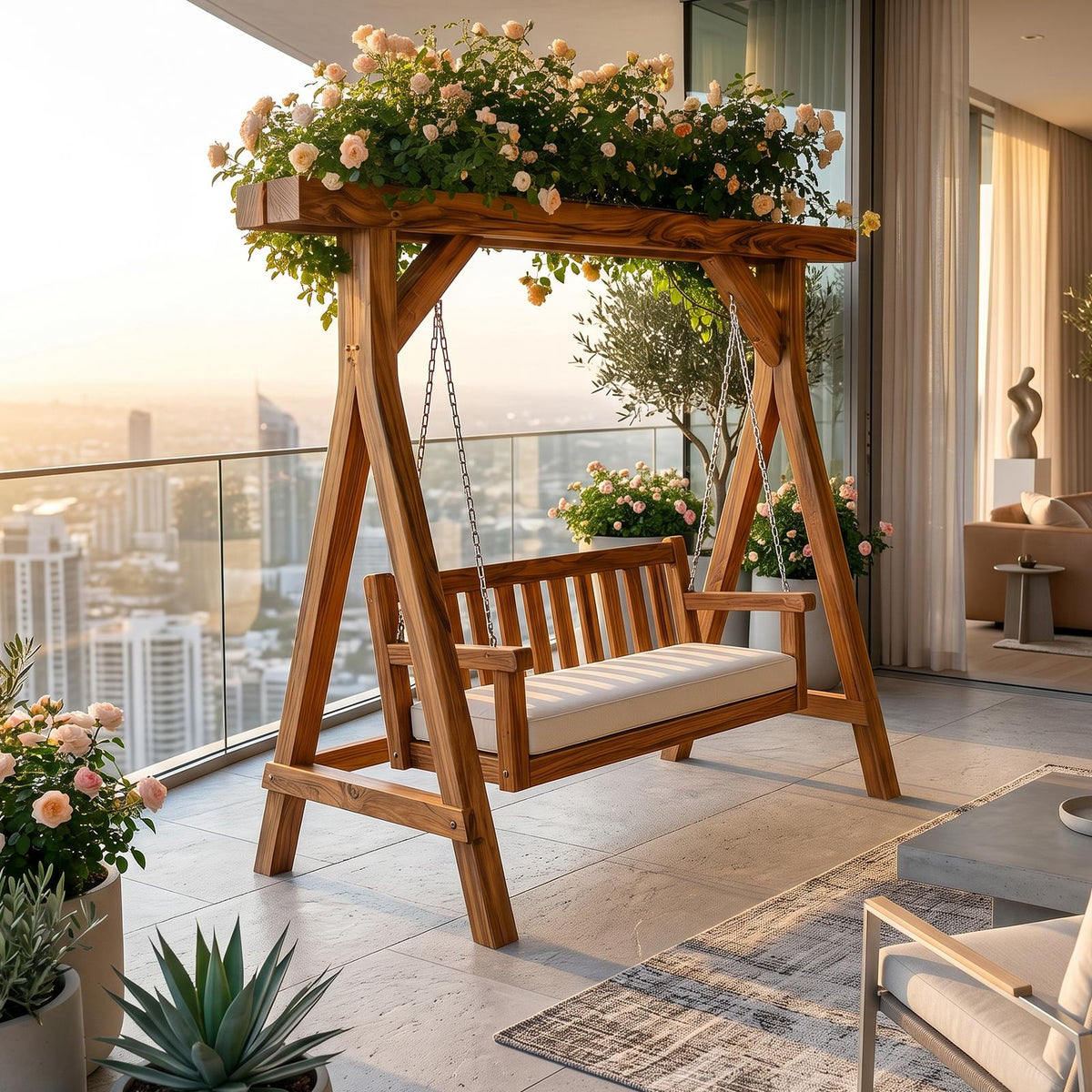 Elegant Wooden Swing With Planter Frame