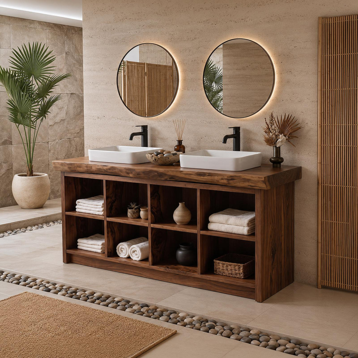 Double Sink Wood Bathroom Vanity with Open Shelves, Handcrafted Rustic Spa Style Solid Wooden Cabinet