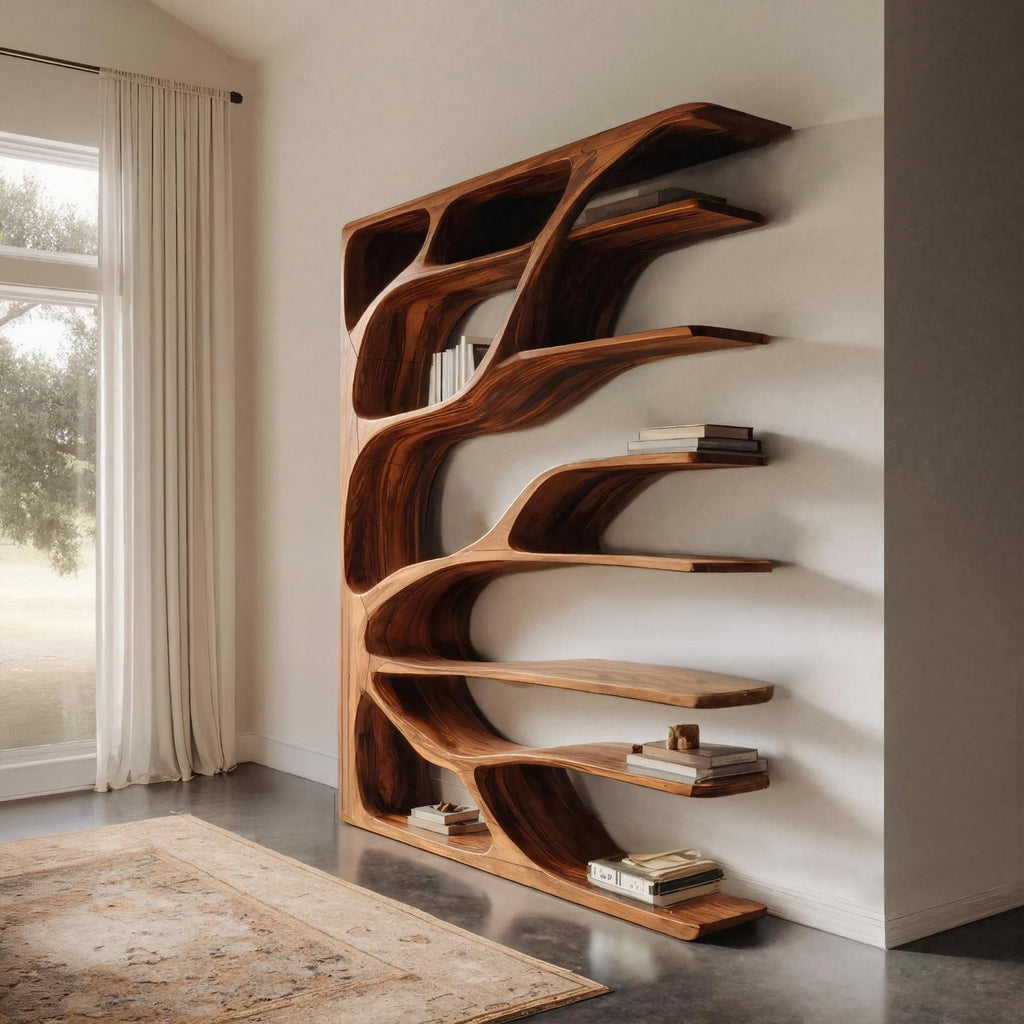 Modern Statement Bookshelf, Handcrafted Wood Bookcase & Sculptural Display Shelving Unit for Living Room Decor