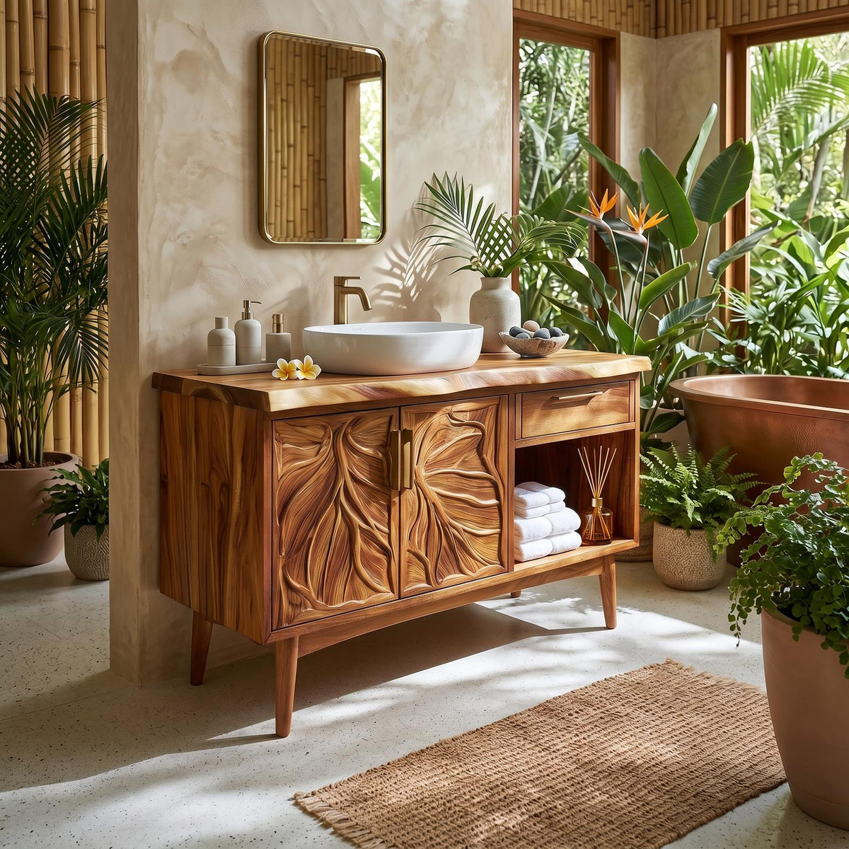 Tropical Wooden Vanity Cabinet with Carved Doors, Handcrafted Solid Wood Spa Bathroom Storage Console