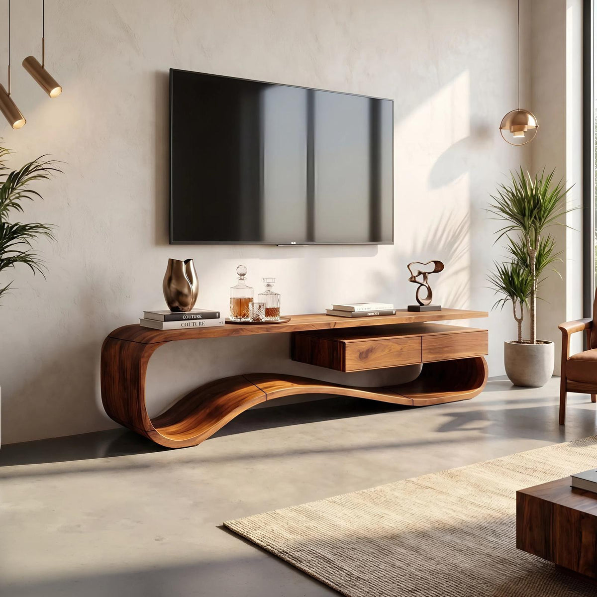 Contemporary Organic Wood TV Stand, Modern Media Console & Entertainment Center Cabinet for Lounge