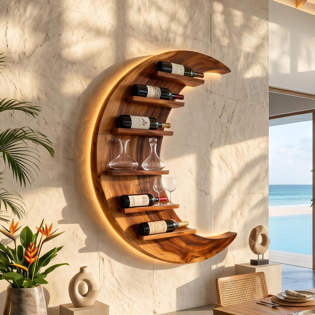 Minimalist Compact Wood Wine Holder, Handcrafted Solid Wooden Tabletop Wine Bottle Display Rack for Small Apartment Bar Space