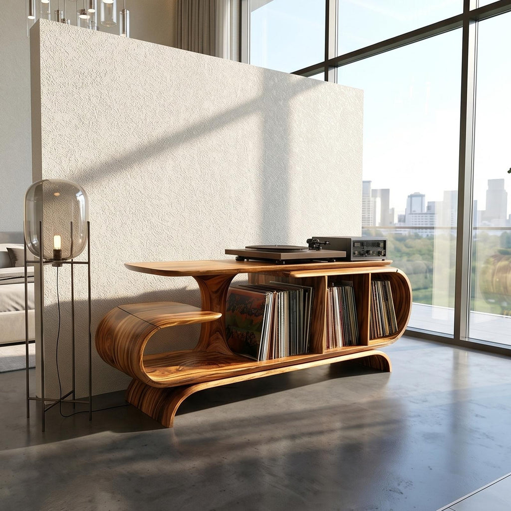 Organic Wave Wood Vinyl Record Cabinet, Handcrafted Modern Turntable Stand Storage Shelf for Living Room, Model