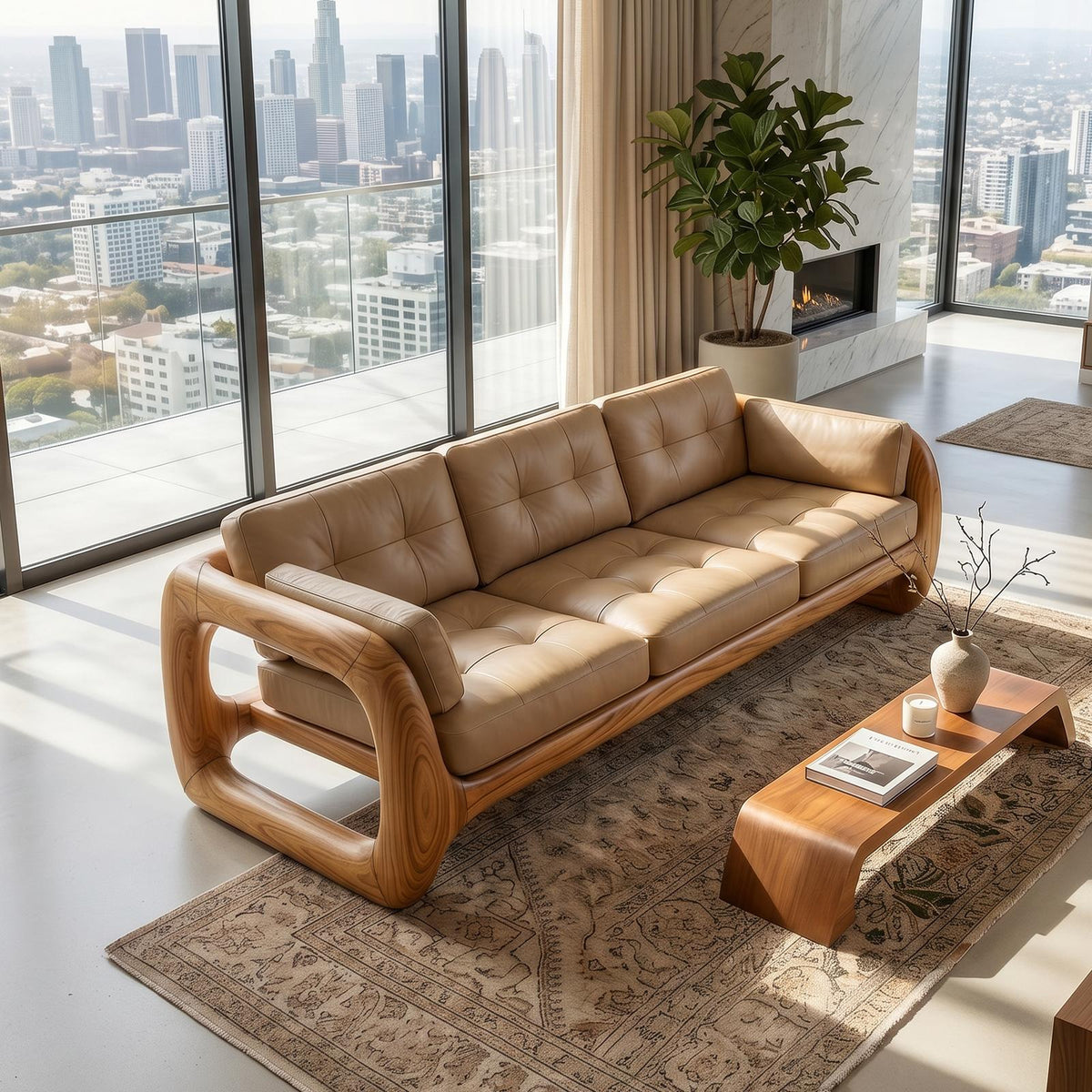 Luxury Wooden Leather Sofa For High Rise Apartment Living Room SILDTTRSFA014