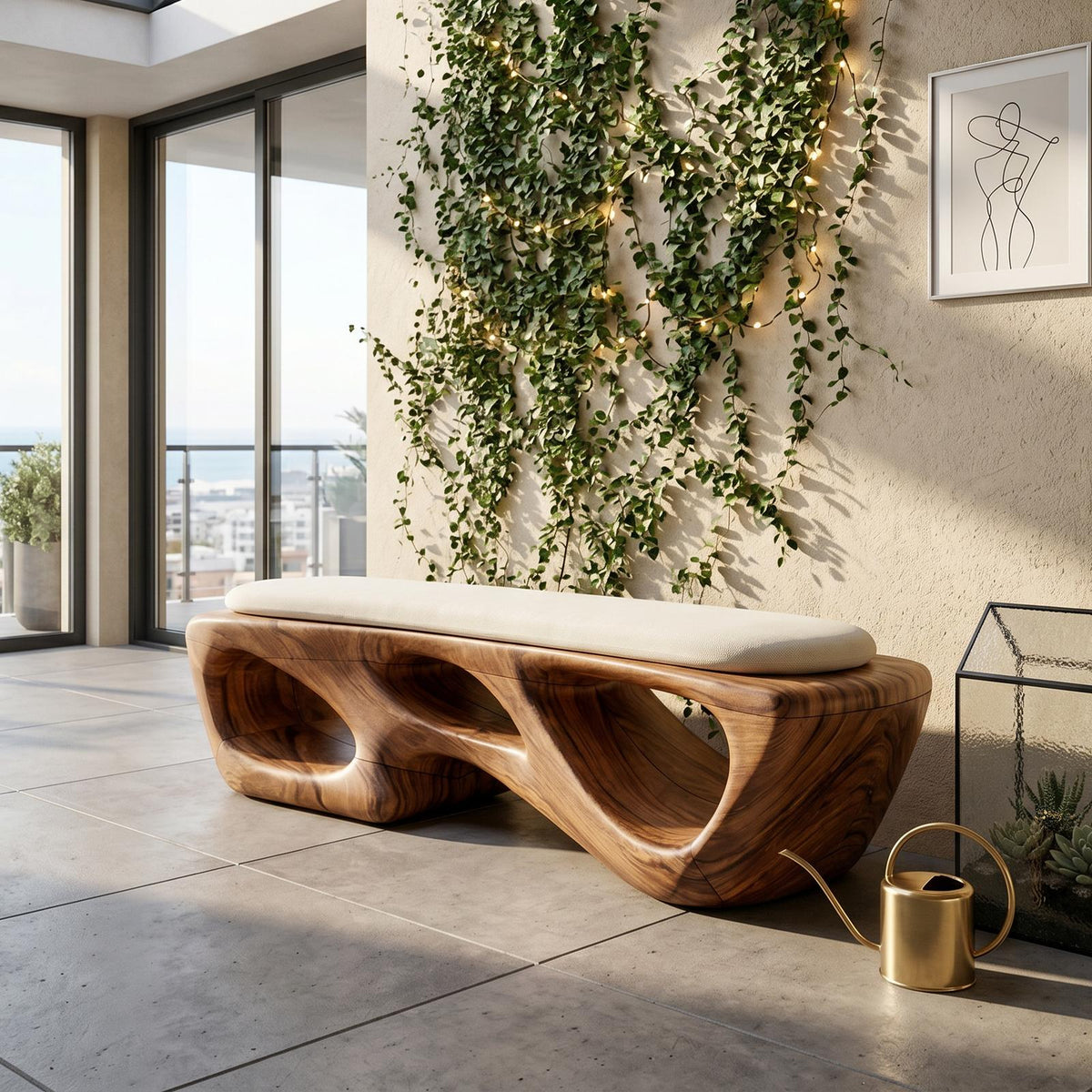 Curved Solid Wood Bench Luxury Living Room