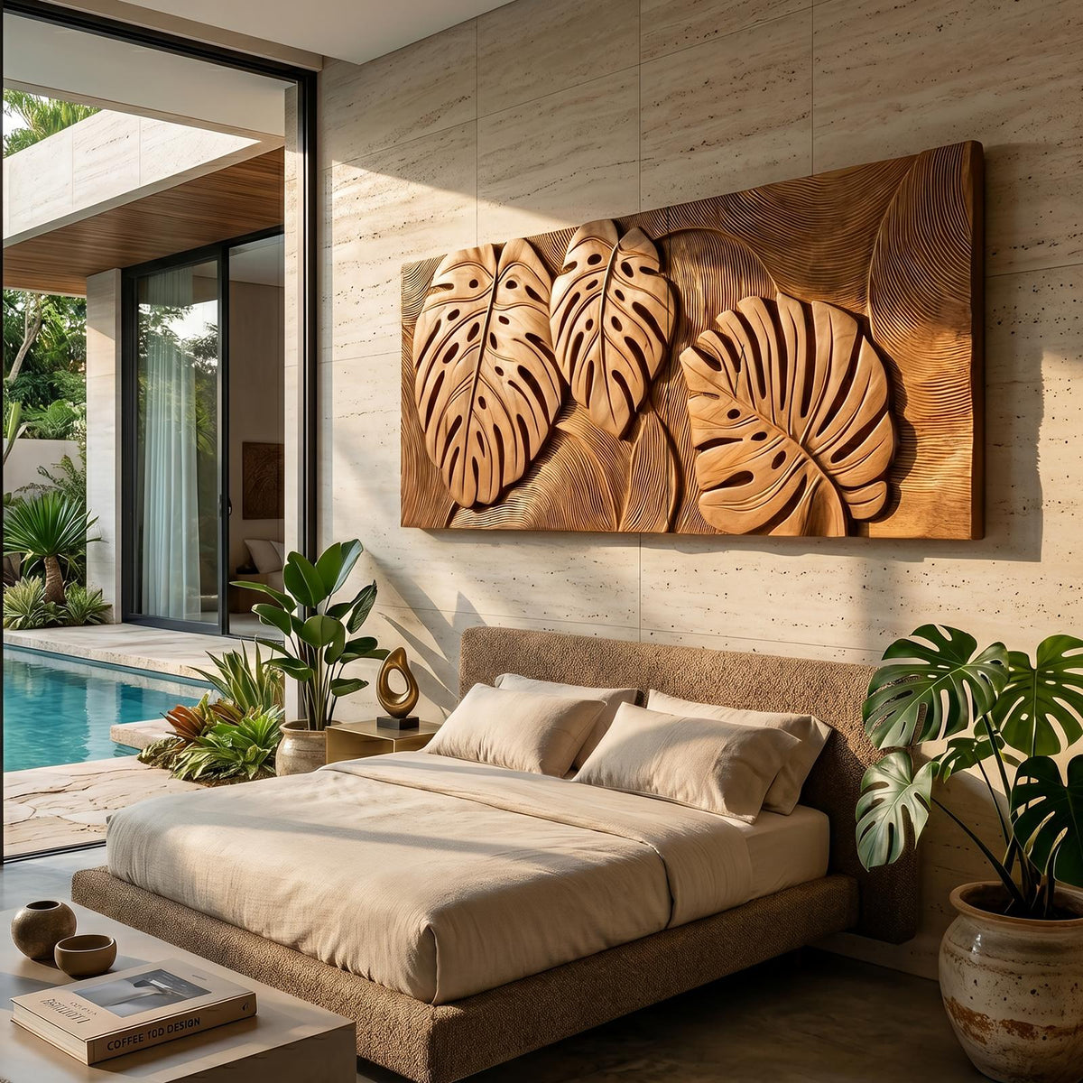 Tropical Wall Art with Leaf Texture, Carved Wood Monstera Palm Leaf Art Panel for Bathroom