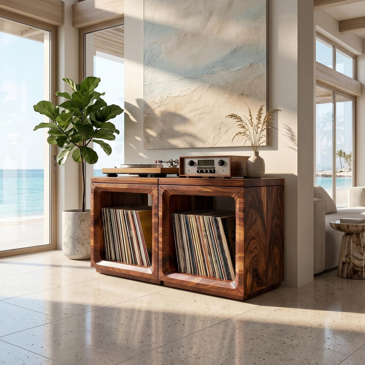 Coastal Minimalist Wood Record Storage Cabinet, Handcrafted Beach House Style Turntable Stand & LP Shelf, Model