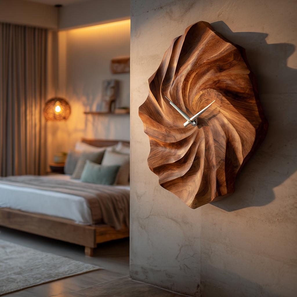 Artistic Wooden Wall Clock, Hand-Carved Ocean Wave 3D Wood Clock for Statement Bedroom & Living Room Decor