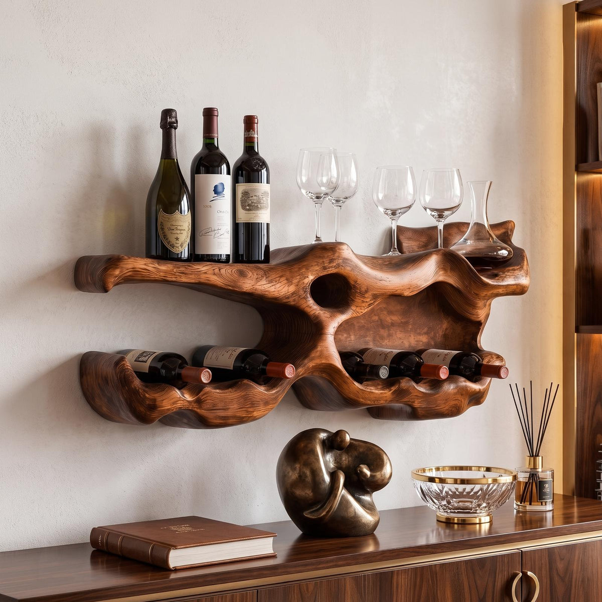 Farmhouse Wooden Wine Holder, Handcrafted Tabletop Wine Bottle Rack & Glass Display Organizer for Living Room Shelf