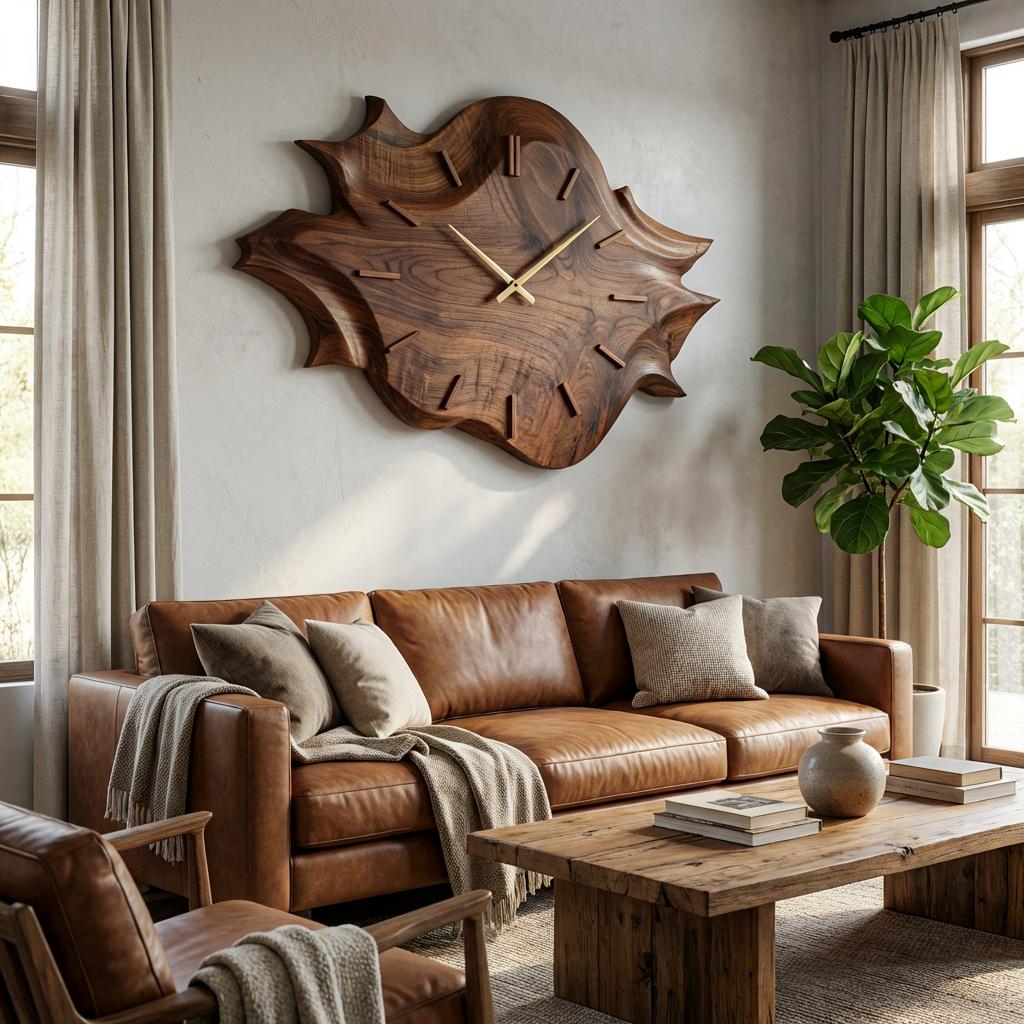 Artistic Wooden Wall Clock, Modern Abstract Carved Wood Clock for Apartment Living Room & Bedroom Wall Decor