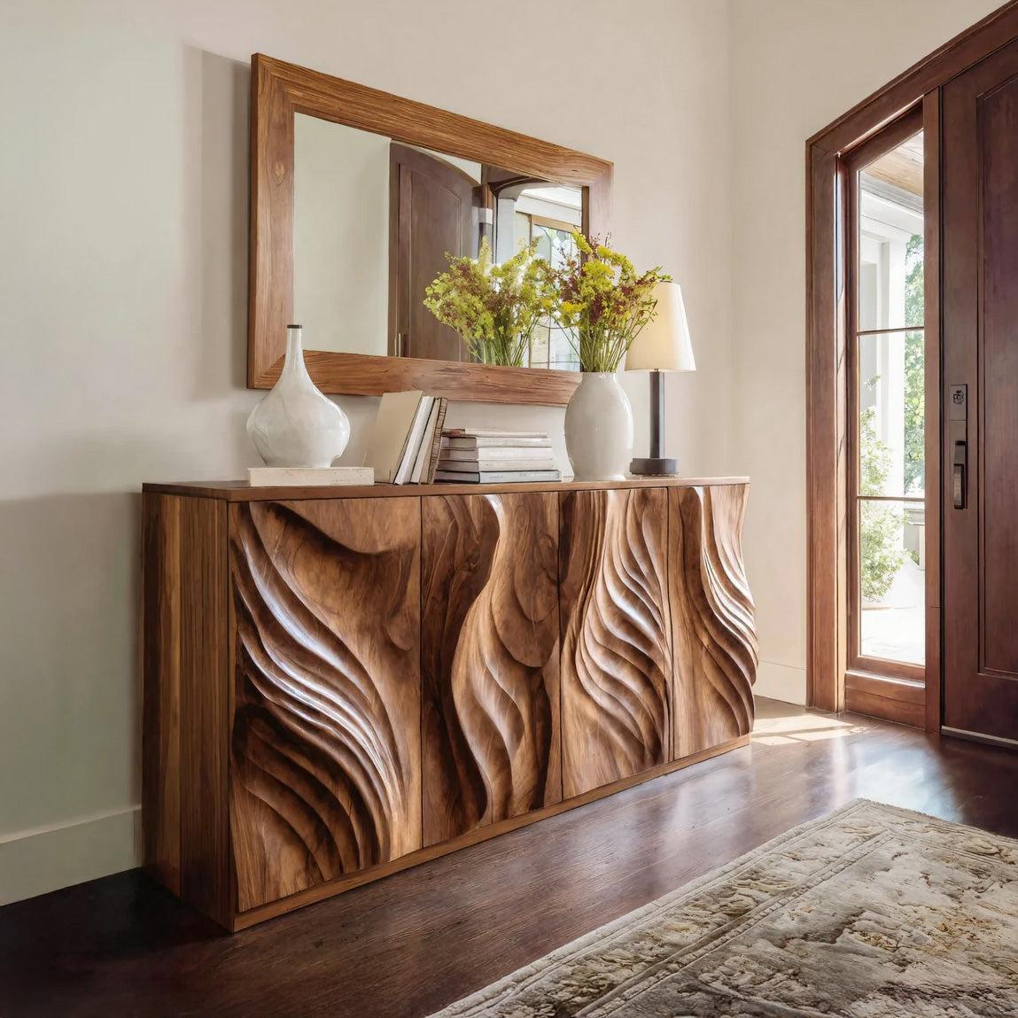 Spry Interior Luxury Solid Wood Credenza with Sculpted Doors, Mid-Century Modern Sideboard Cabinet for Living Room Storage, RTTHHNSD006