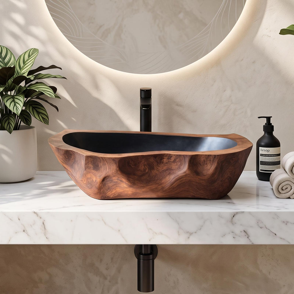 Mid Century Solid Wood Vessel Sink, Handcrafted Natural Live Edge Wooden Wash Basin for Modern Bathroom Vanity Makeover