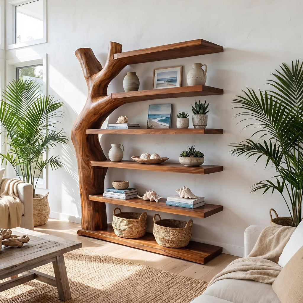 Modern Artistic Bookshelf, Unique Wood Display Organizer Unit, Books & Decorative Shelving for Living Room Office
